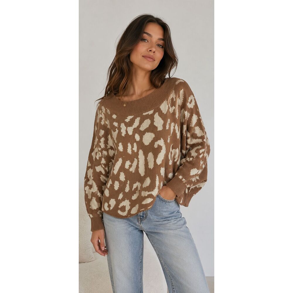 Aakaa Chunky Knit Cream Beige Animal Print Sz S Boat Neck Dolman Sleeve Sweater